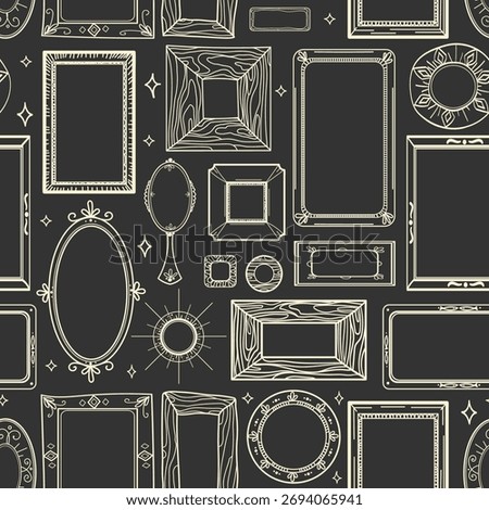 Hand Drawn Ornate Frame seamless pattern. Pattern with Vintage Picture Frames in line art style on a dark with wood and antique details, for wallpapers, packaging, branding, fabric design.Vector