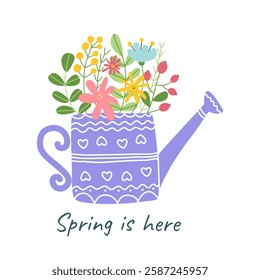 Hand drawn ornate garden watering can with flowers. Spring greeting card with inscription Spring is here. Perfect for greeting card, leaflets, banners, invitation, poster, cover, social media, banners