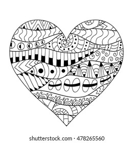Hand drawn ornate heart for adult anti stress. Coloring page with high details isolated on white background. Zentangle pattern for relax and meditation. Used clipping mask. 