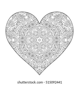Hand drawn ornate heart for adult anti stress. Coloring page with high details isolated on white background. Zentangle pattern for relax and meditation. Used clipping mask. 