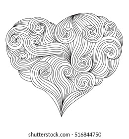 Hand drawn ornate heart for adult anti stress. Coloring page with high details isolated on white background. Zentangle pattern for relax and meditation