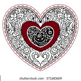 Hand drawn ornate heart in zentangle style. St Valentine card