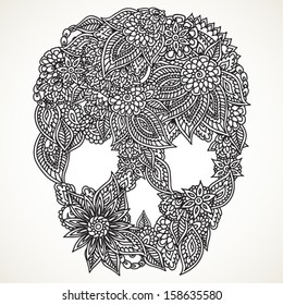 Hand drawn ornate lacy doodle floral skull in black isolated over white. Coloring pages for adults. Halloween or Day of the Dead design.