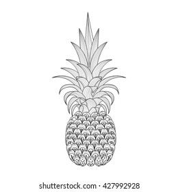 Hand drawn ornate Pineapple, zentangle tribal exotic fruit for adult anti stress coloring pages, ethnic t-shirt print. Isolated illustration in doodle, henna tattoo design.