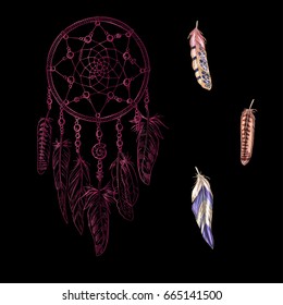 Hand drawn ornate pink Dreamcatchers with feathers, gemstones isolated on a black background. Astrology, spirituality, magic symbol. Ethnic tribal element. Vector illustration 