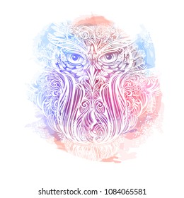 Hand drawn ornate spiritual symbols, totemic and mascot Owl. It can be used for tattoo and embossing or coloring. Ethnic patterned illustration in Boho style