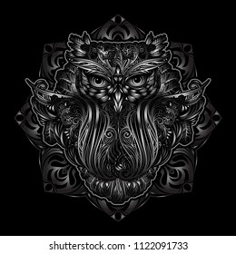 Hand drawn ornate spiritual symbols, totemic and mascot Owl. It can be used for tattoo and embossing or coloring. Ethnic patterned illustration in Boho style