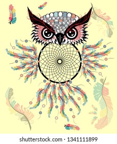 Hand drawn ornate spiritual symbols, totemic and mascot Owl with the dream catcher and mandala. Boho style.