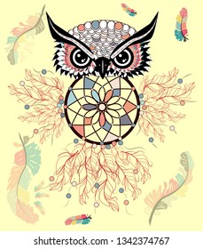 Hand drawn ornate spiritual symbols, totemic and mascot Owl with the dream catcher and mandala. Boho style.