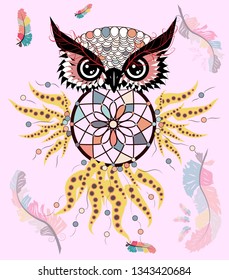 Hand drawn ornate spiritual symbols, totemic and mascot Owl with the dream catcher and mandala. Boho style.