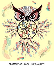 Hand drawn ornate spiritual symbols, totemic and mascot Owl with the dream catcher and mandala. Boho style.