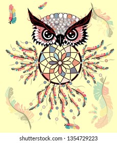 Hand drawn ornate spiritual symbols, totemic and mascot Owl with the dream catcher and mandala. Boho style.