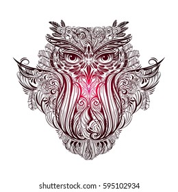 Hand drawn ornate spiritual symbols, totemic and mascot Owl. It can be used for tattoo and embossing or coloring. Ethnic patterned illustration in Boho style