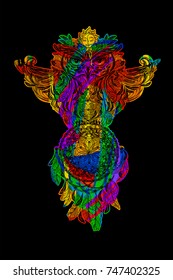 Hand drawn ornate spiritual symbols, totemic and mascot Owl with the dream catcher. It can be used for tattoo and embossing or coloring. Ethnic patterned illustration in Boho style