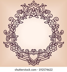 Hand drawn ornate vector frame with heart shape and strawberries