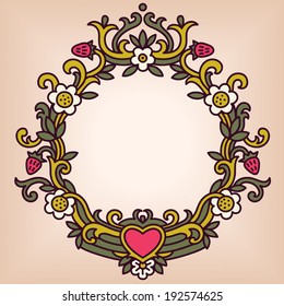 Hand drawn ornate vector frame with heart shape and strawberries. Colored