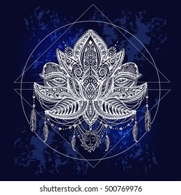 Hand drawn ornate vector ornamental Lotus Tattoo, with elements of sacred geometry, Indian feathers, paisley, beads, ethnic art. Spiritualism, magical symbols for astrology and alchemy in boho style.