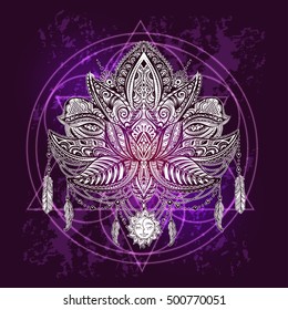 Hand drawn ornate vector ornamental Lotus Tattoo, with elements of sacred geometry, Indian feathers, paisley, beads, ethnic art. Spiritualism, magical symbols for astrology and alchemy in boho style.