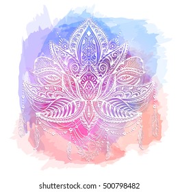 Hand drawn ornate vector ornamental Lotus Tattoo, with elements of sacred geometry, Indian feathers, paisley, beads, ethnic art. Spiritualism, magical symbols for astrology and alchemy in boho style.