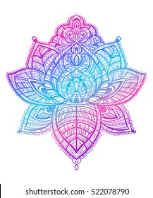 Hand drawn ornate vector ornamental Lotus Tattoo, with elements of sacred geometry, Indian feathers, paisley, beads, ethnic art. Spiritualism, magical symbols for astrology and alchemy in boho style