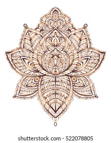 Hand drawn ornate vector ornamental Lotus Tattoo, with elements of sacred geometry, Indian feathers, paisley, beads, ethnic art. Spiritualism, magical symbols for astrology and alchemy in boho style