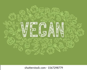 Hand drawn ornate word Vegan with frame of vegetables. Vector illustration