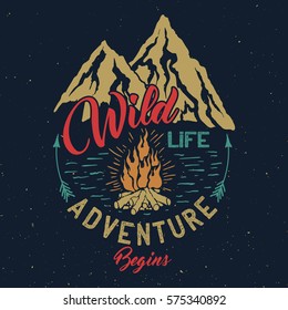 Hand drawn outdoor adventure vintage emblem with Wildlife inscription. Typography design for t-shirt,poster, flyer and other print.