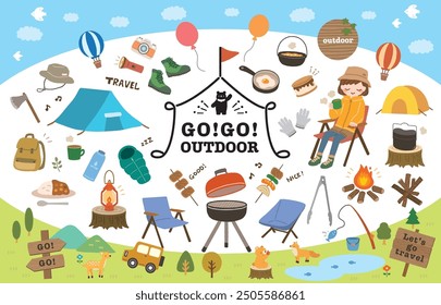 Hand drawn outdoor camping illustration set