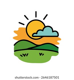 Hand drawn outdoor landscape vector doodle shows sun, a cloud, rolling green hills, and orange horizon. Design is a simple doodle style created using lines