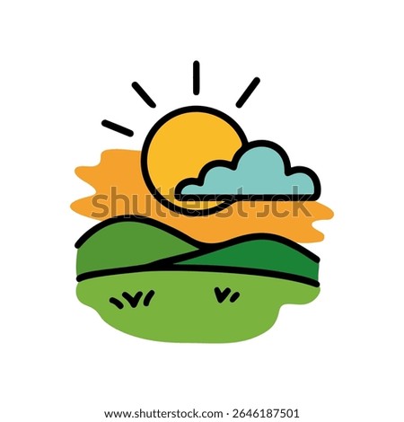 Hand drawn outdoor landscape vector doodle shows sun, a cloud, rolling green hills, and orange horizon. Design is a simple doodle style created using lines