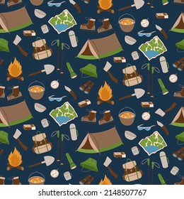 Hand drawn outdoors seamless pattern. Picnic, travel and camping theme. Mountain hiking equipment. Compass, binocular, map, campfire, tent andbackpack. For design and prints, stickers, sport and