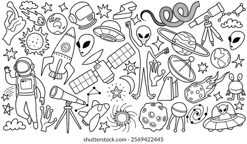 Hand drawn outer space element with doodle style on white background.