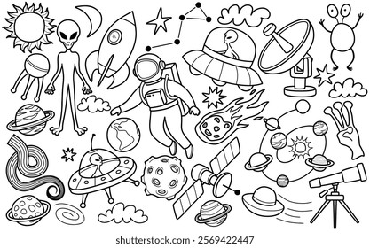 Hand drawn outer space element with doodle style on white background.