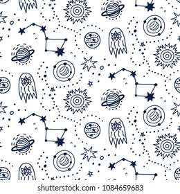 Hand drawn outer space seamless pattern. Vector illustration.