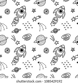 Hand drawn outer space seamless pattern. Vector illustration.