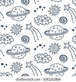 Hand drawn outer space seamless pattern. Vector illustration.