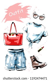Hand drawn outfit. Stylish clothing set with shirt, shorts, lipstick, shoes, bag and sunglasses. Female outfit. Sketch. Vector illustration.