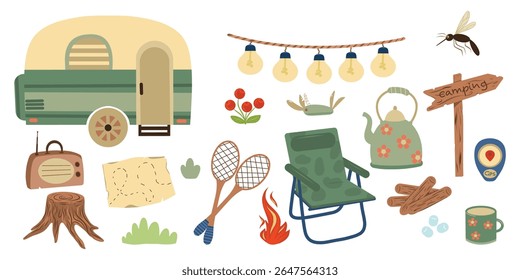Hand drawn outing vector elements set. Camping elements vector set. Hiking and camping set. Camp equipment and nature elements.