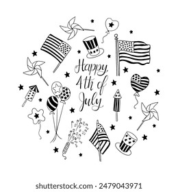 Hand drawn outline American patriotic items with calligraphic lettering Happy Independence day. Vector contour sketchy holiday round composition isolated on white background. Good for banner