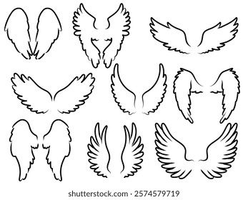 Hand drawn outline angels wings. One line silhouettes, doodle style bird feathers elements, line flying double objects, heaven holy icons, tattoo design, vector isolated set