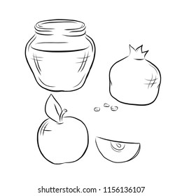 Hand drawn outline apple, honey and pomegranate illustration for poster, banner, logo, greeting card, harvest holiday invitation, Thanksgiving day, Rosh Hashanah