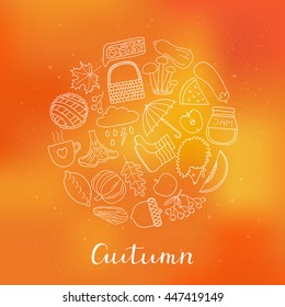 Hand drawn outline autumn items in circle on gradient background.