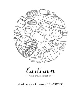 Hand drawn outline autumn items composed in circle shape with lettering.