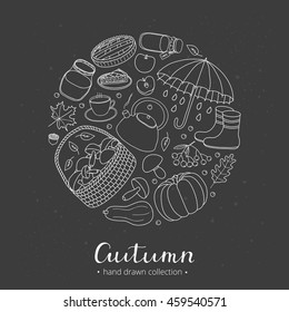 Hand drawn outline autumn items composed in circle shape with lettering.