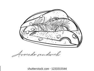 Hand drawn outline avocado sandwich with pepper, seeds and rosemary. Healthy breakfast. Vegetarian meal. Isolated on white background vector illustration svg