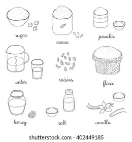 Hand drawn outline baking ingredients isolated on white background.