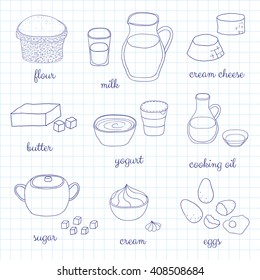 Hand drawn outline baking ingredients on graph paper. Flour, milk, cheese, butter, yogurt, cooking oil, sugar, whipped cream, eggs.