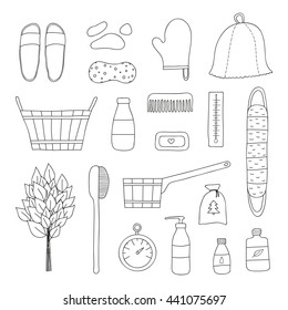 Hand drawn outline bath items isolated on white background. Sauna hat, birch broom, wooden bucket, comb, cosmetics, soap, body brush, wisp, thermometer, essential oils.
