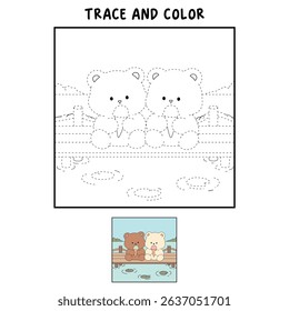 Hand Drawn Outline of Bear Couple Eating Ice Cream at the Lake with Mountain and Water Lilies. Summer Coloring Page with a Cute Couple of Bears Sitting on a Dock Eating Ice Cream. Cozy Coloring Page.