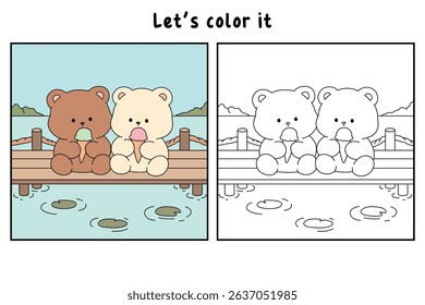 Hand Drawn Outline of Bear Couple Eating Ice Cream at the Lake with Mountain and Water Lilies. Summer Coloring Page with a Cute Couple of Bears Sitting on a Dock Eating Ice Cream. Cozy Coloring Page.
